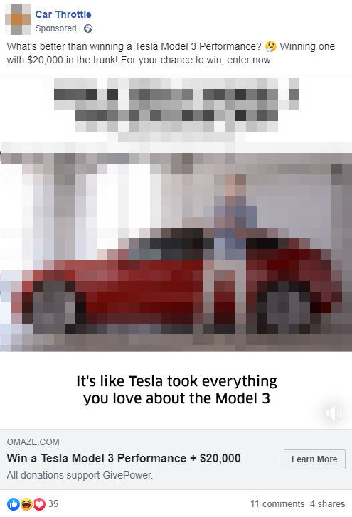 Omaze Facebook Advert - Car Throttle